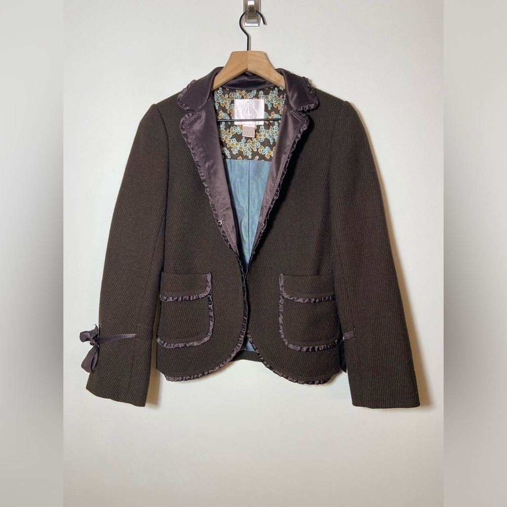 Rebecca Taylor Wool Ribbed Jacket Silk Ruffle Trim Brown Size 4 Blazer Bow